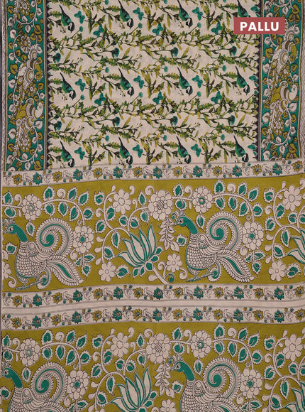 Kalamkari cotton saree beige and green with allover prints and printed border