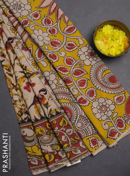 Kalamkari cotton saree beige and brown with allover prints and printed border