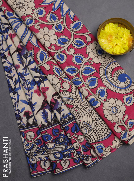 Kalamkari cotton saree beige and pink with allover prints and printed border