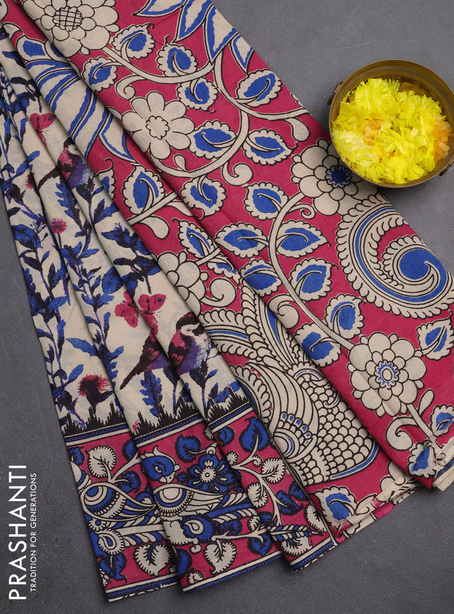 Kalamkari cotton saree beige and pink with allover prints and printed border