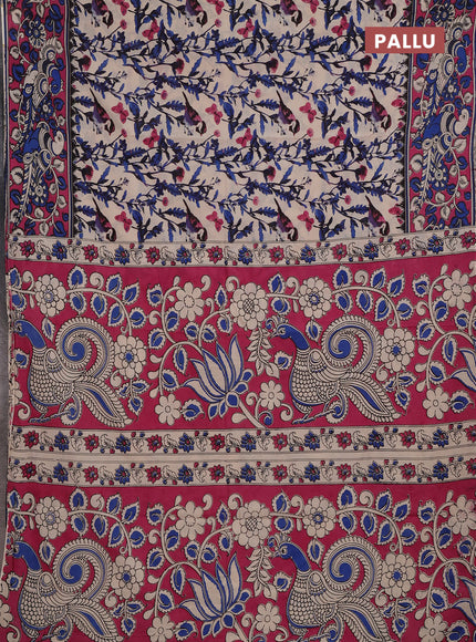 Kalamkari cotton saree beige and pink with allover prints and printed border