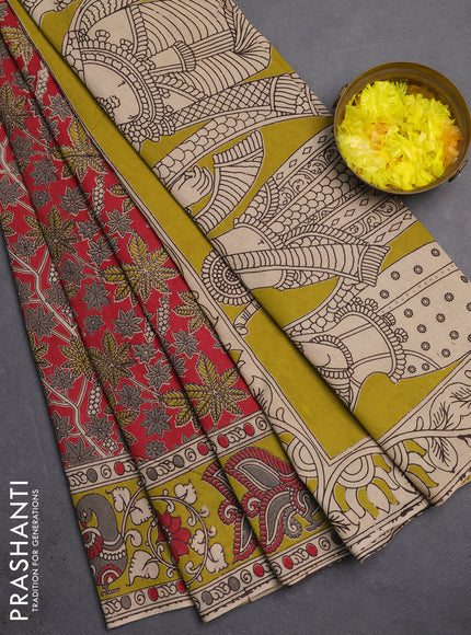 Kalamkari cotton saree maroon and lime green with allover prints and printed border