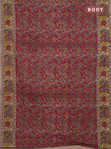 Kalamkari cotton saree maroon and lime green with allover prints and printed border