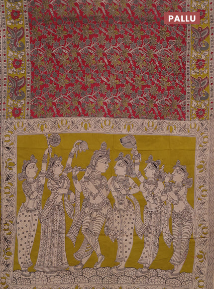 Kalamkari cotton saree maroon and lime green with allover prints and printed border