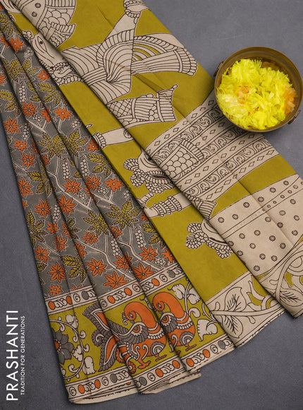 Kalamkari cotton saree grey and lime green with allover prints and printed border