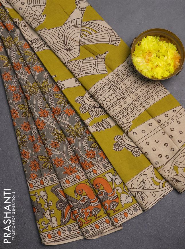 Kalamkari cotton saree grey and lime green with allover prints and printed border