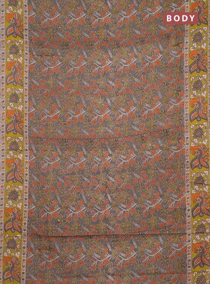 Kalamkari cotton saree grey and lime green with allover prints and printed border