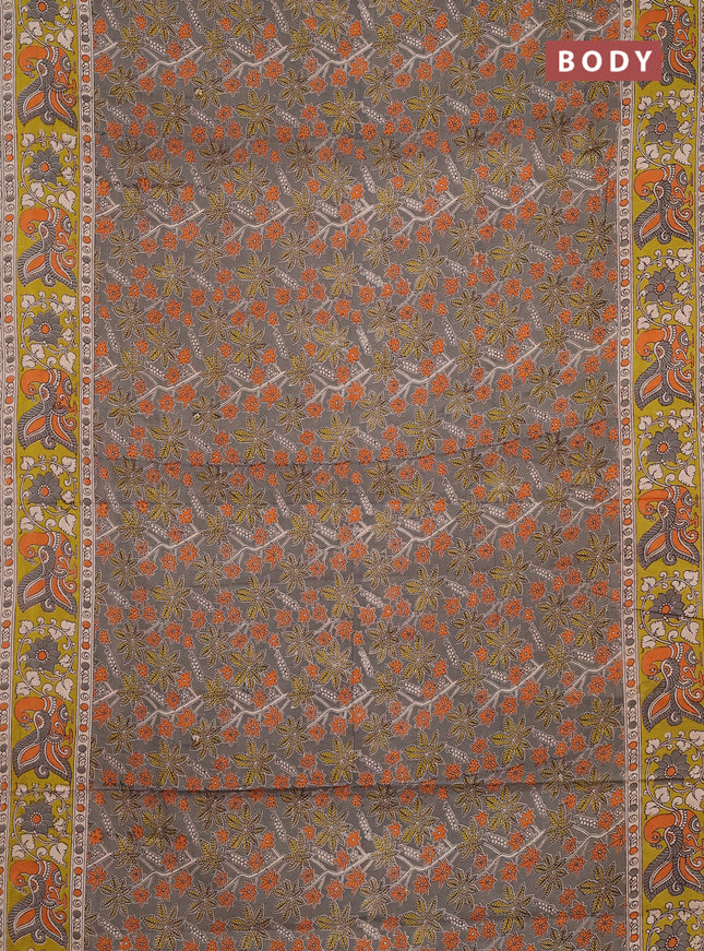 Kalamkari cotton saree grey and lime green with allover prints and printed border