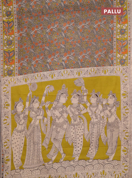 Kalamkari cotton saree grey and lime green with allover prints and printed border