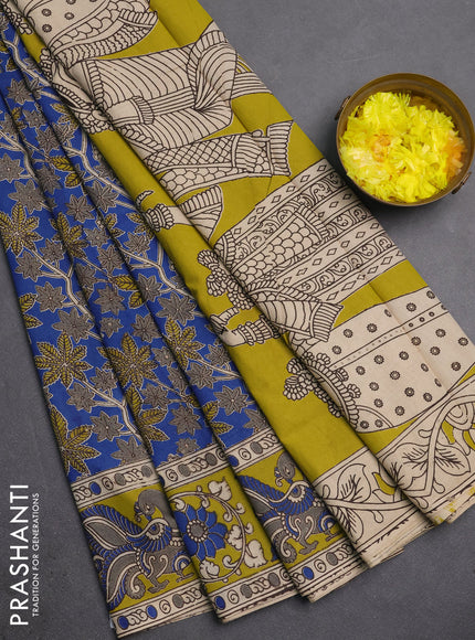 Kalamkari cotton saree blue and lime green with allover prints and printed border