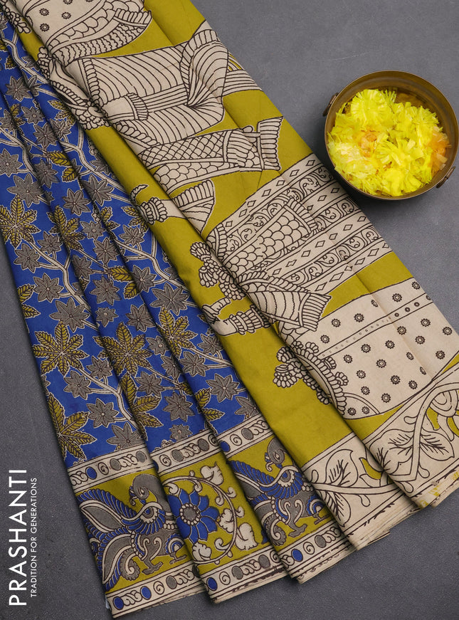 Kalamkari cotton saree blue and lime green with allover prints and printed border