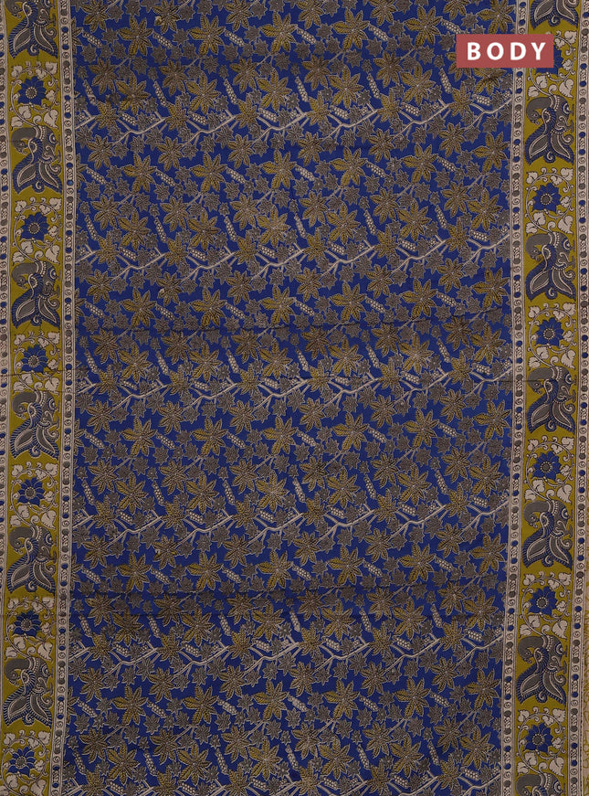 Kalamkari cotton saree blue and lime green with allover prints and printed border