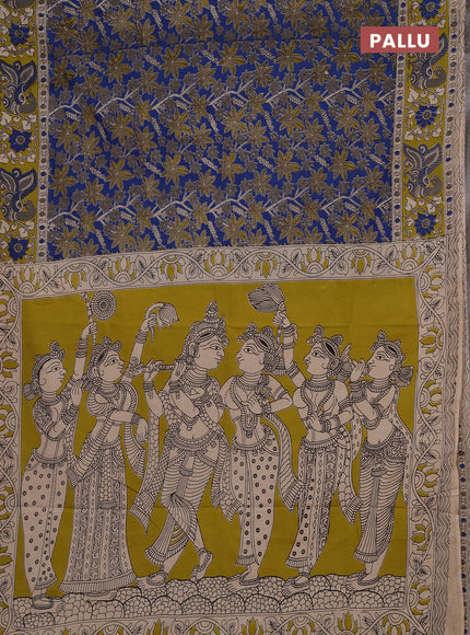Kalamkari cotton saree blue and lime green with allover prints and printed border