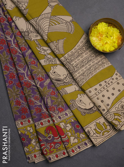 Kalamkari cotton saree lavender and lime green with allover prints and printed border