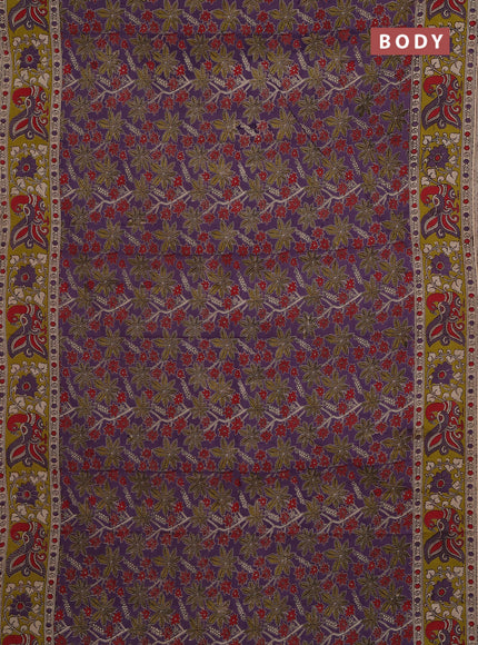 Kalamkari cotton saree lavender and lime green with allover prints and printed border