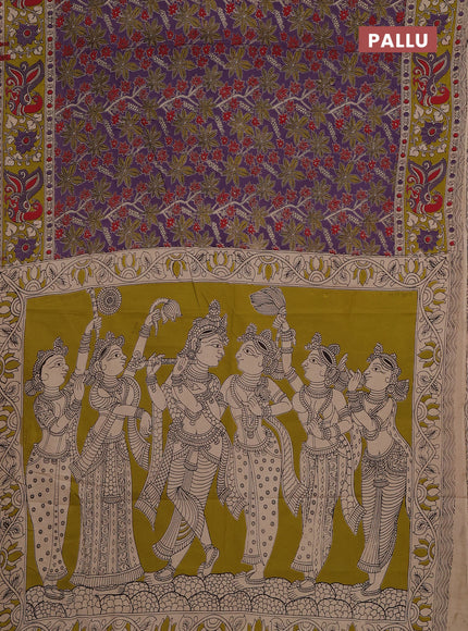 Kalamkari cotton saree lavender and lime green with allover prints and printed border