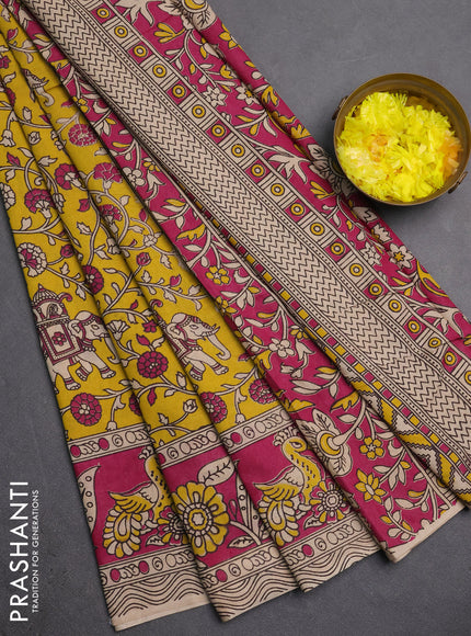 Kalamkari cotton saree yellow and pink with allover prints and printed border