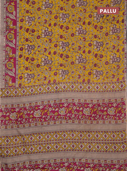 Kalamkari cotton saree yellow and pink with allover prints and printed border