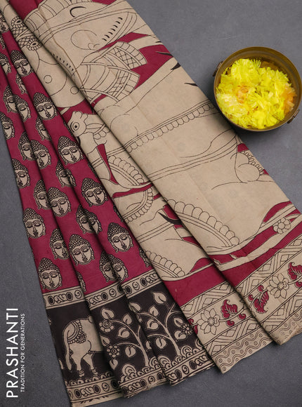 Kalamkari cotton saree wine and black with allover prints and pichwai printed border