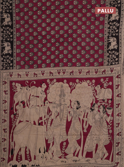 Kalamkari cotton saree wine and black with allover prints and pichwai printed border