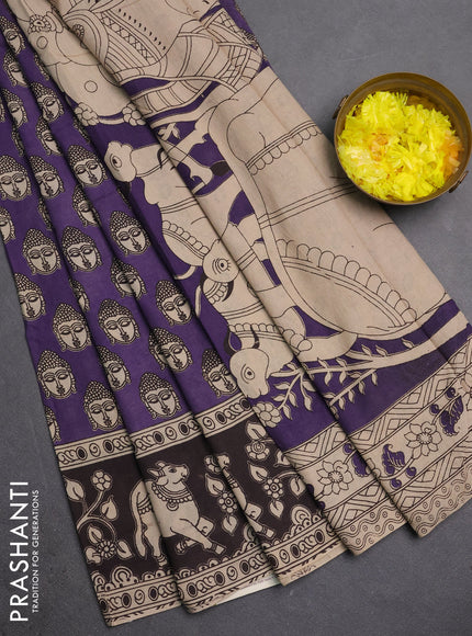 Kalamkari cotton saree deep purple and black with allover prints and pichwai printed border
