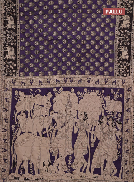 Kalamkari cotton saree deep purple and black with allover prints and pichwai printed border