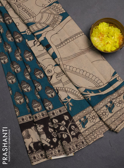 Kalamkari cotton saree peacock green and black with allover prints and pichwai printed border