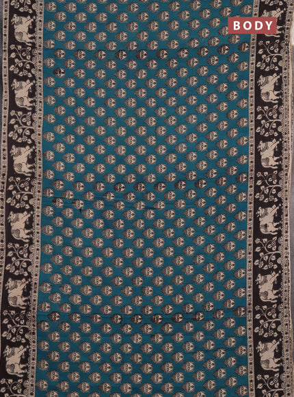 Kalamkari cotton saree peacock green and black with allover prints and pichwai printed border