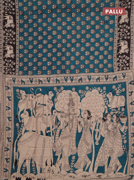 Kalamkari cotton saree peacock green and black with allover prints and pichwai printed border