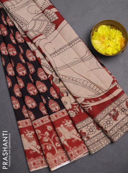 Kalamkari cotton saree black and brown with allover prints and pichwai printed border