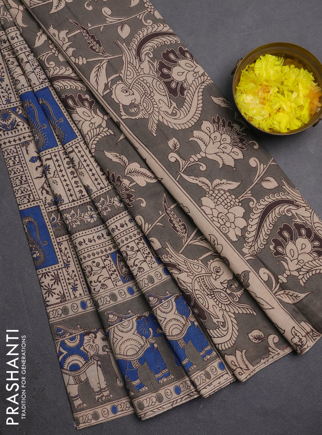 Kalamkari cotton saree beige blue and grey with allover prints and printed border