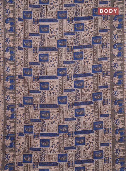 Kalamkari cotton saree beige blue and grey with allover prints and printed border