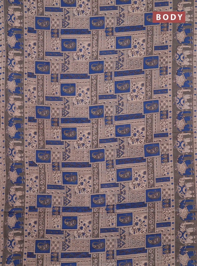 Kalamkari cotton saree beige blue and grey with allover prints and printed border