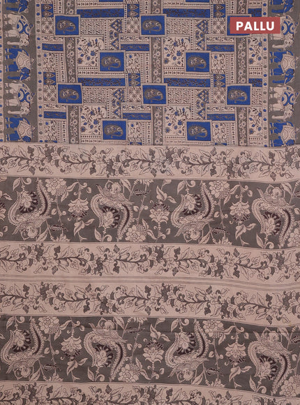 Kalamkari cotton saree beige blue and grey with allover prints and printed border