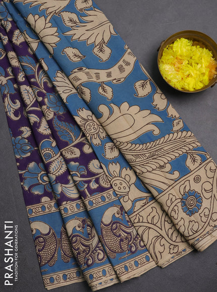 Kalamkari cotton saree deep purple and teal blue with allover prints and printed border