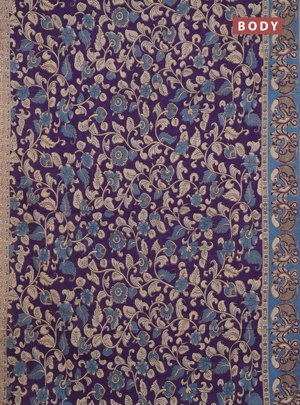 Kalamkari cotton saree deep purple and teal blue with allover prints and printed border