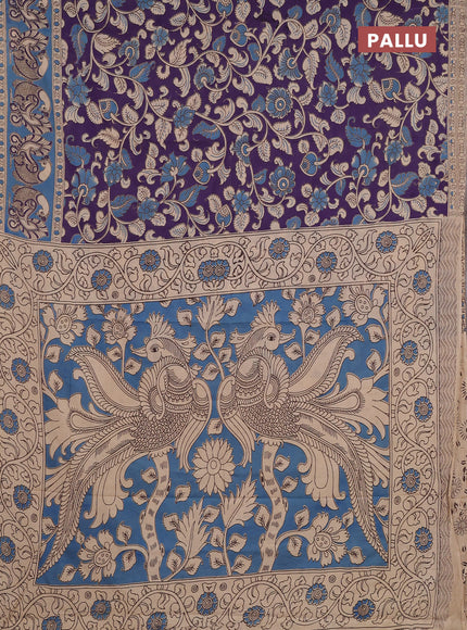 Kalamkari cotton saree deep purple and teal blue with allover prints and printed border