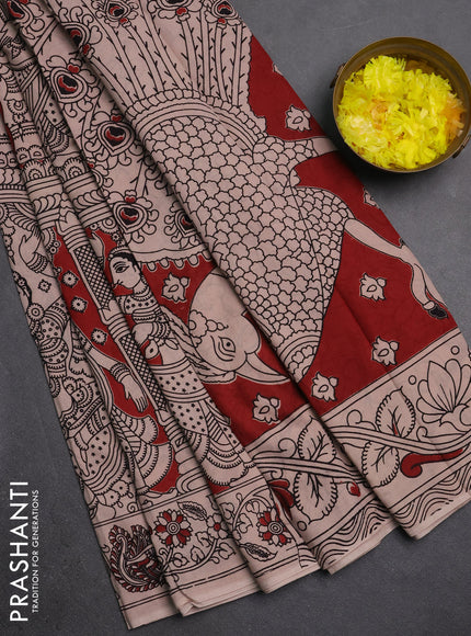 Kalamkari cotton saree maroon and beige with allover prints and printed border