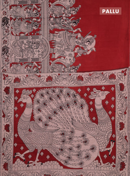 Kalamkari cotton saree maroon and beige with allover prints and printed border