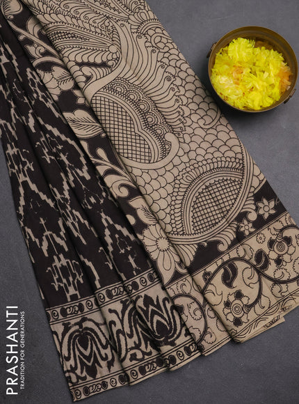 Kalamkari cotton saree dark coffee brown and beige with allover prints and printed border