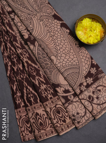 Kalamkari cotton saree coffee brown and beige with allover prints and printed border