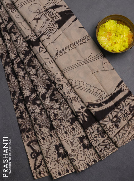 Kalamkari cotton saree deep coffee brown and beige with allover prints and printed border