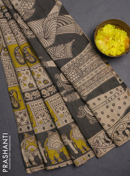 Kalamkari cotton saree beige and grey with allover prints and printed border