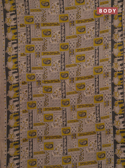 Kalamkari cotton saree beige and grey with allover prints and printed border