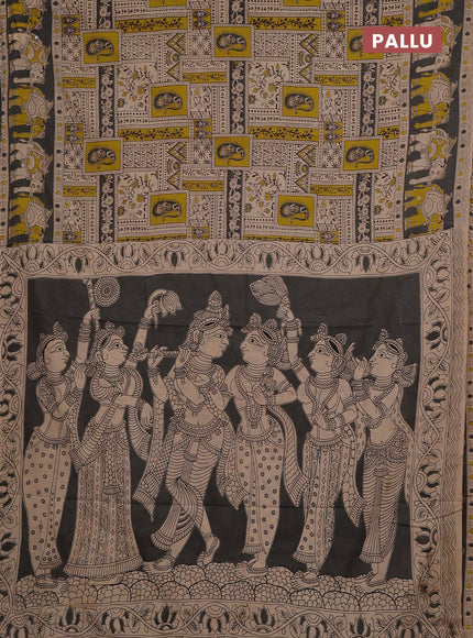Kalamkari cotton saree beige and grey with allover prints and printed border