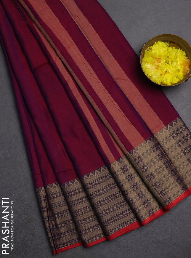 Narayanpet cotton saree magenta pink and maroon with plain body and thread woven border