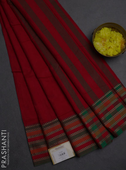 Narayanpet cotton saree red and green with plain body and thread woven border