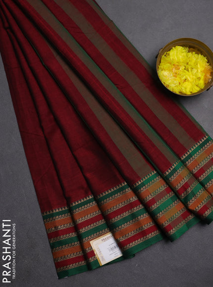 Narayanpet cotton saree maroon and green   with plain body and thread woven border