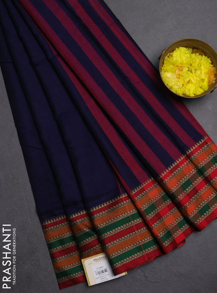 Narayanpet cotton saree navy blue and maroon with plain body and thread woven border