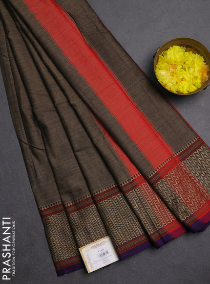 Narayanpet cotton saree chikku shade and violet with plain body and thread woven border